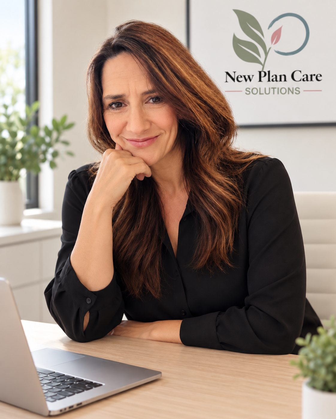 Stacie Postol, owner and operator of New Plan Care Solutions, at her desk in the St. Louis office