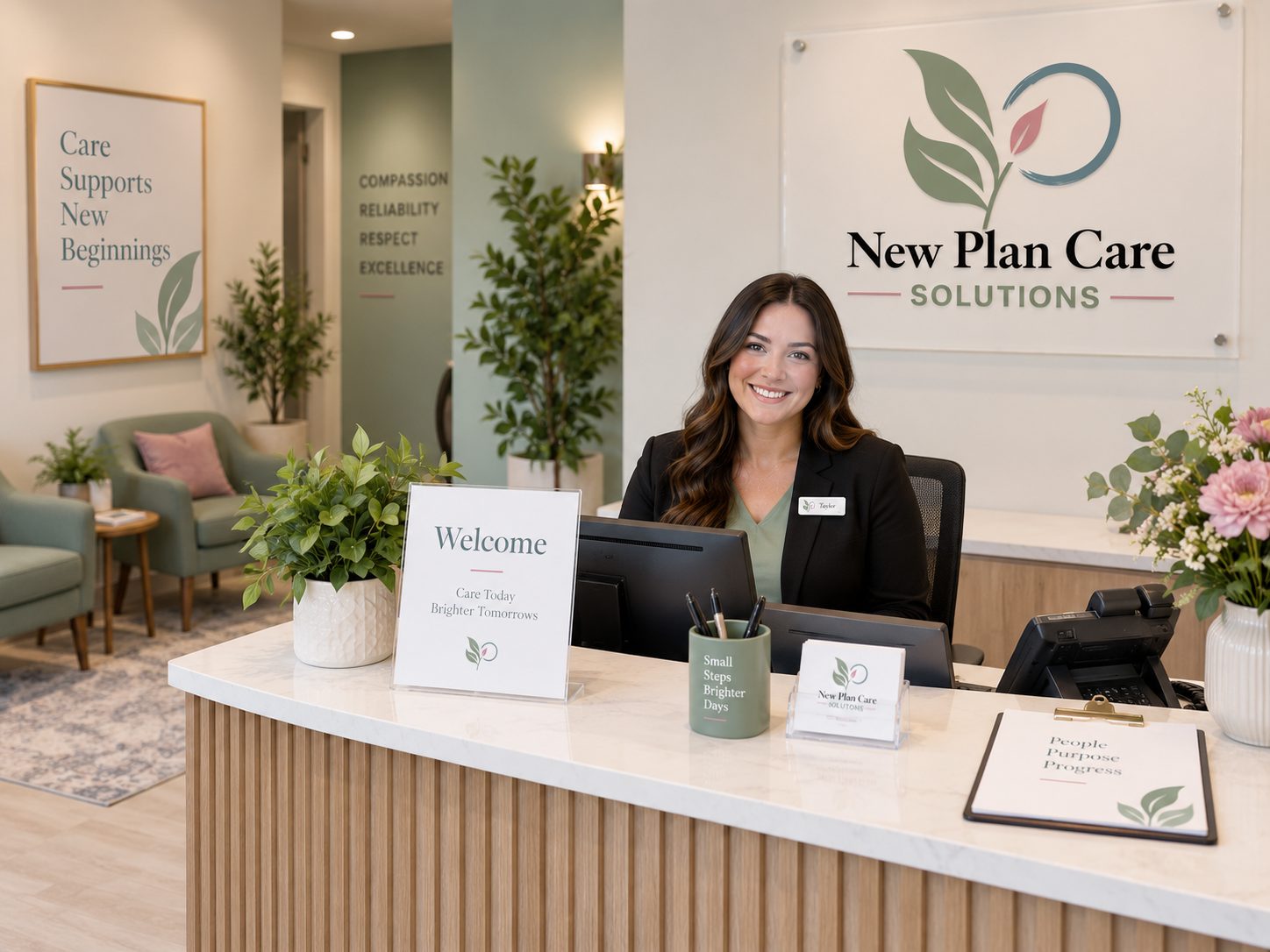 The New Plan Care Solutions reception desk in Chesterfield, Missouri