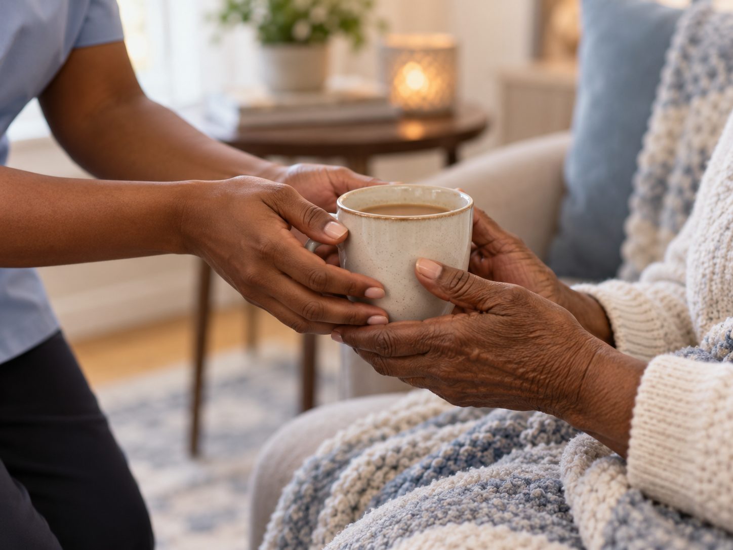 Two people sharing coffee at a kitchen table