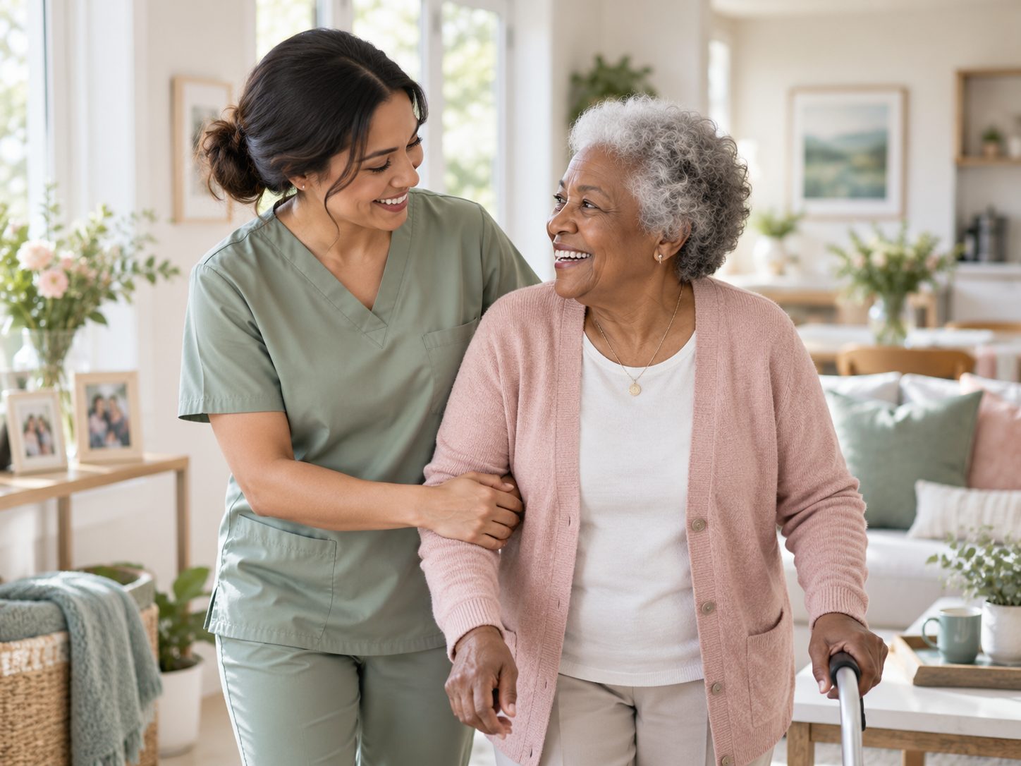 A caregiver and an older adult cooking together in a bright St. Louis home kitchen