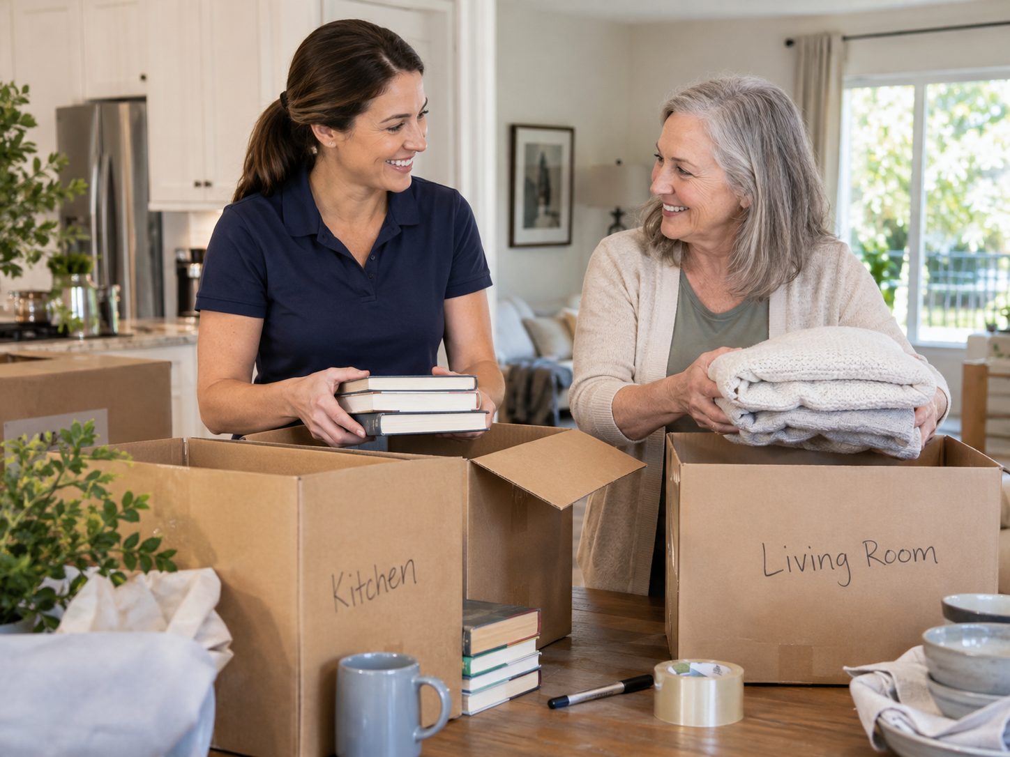 A caregiver and an older woman packing kitchen boxes together during a move