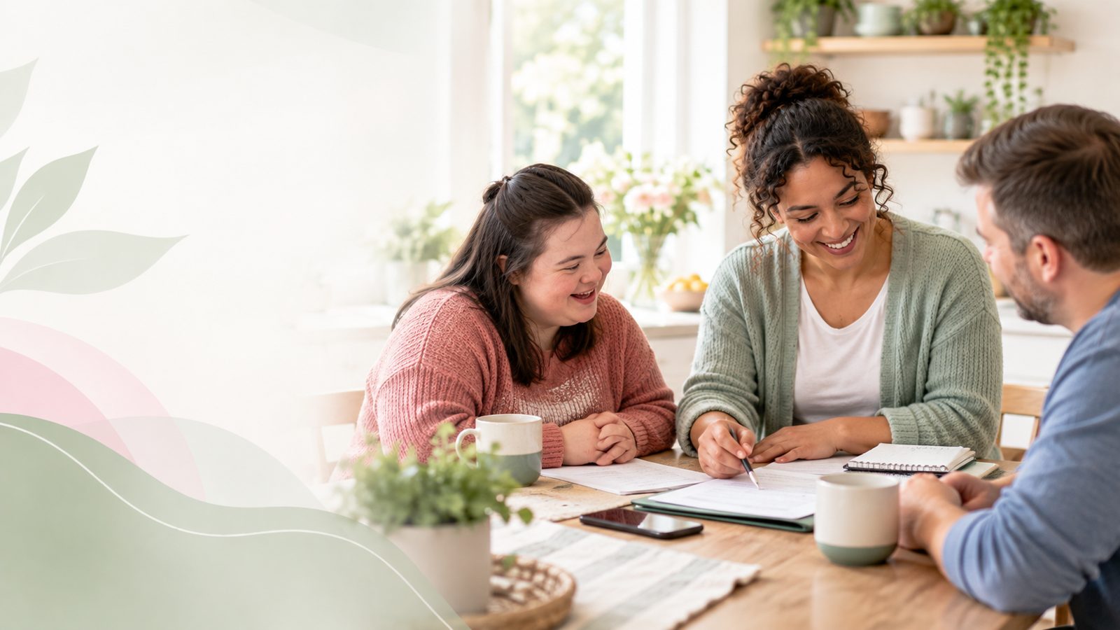 A New Plan Care Solutions team member talking through an in-home support plan at a kitchen table with a young woman and a family member in St. Louis
