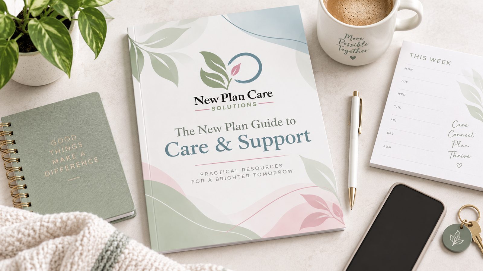 The New Plan Guide to Care and Support laid out on a table with a pen and reading glasses, a free in-home care guide for St. Louis families