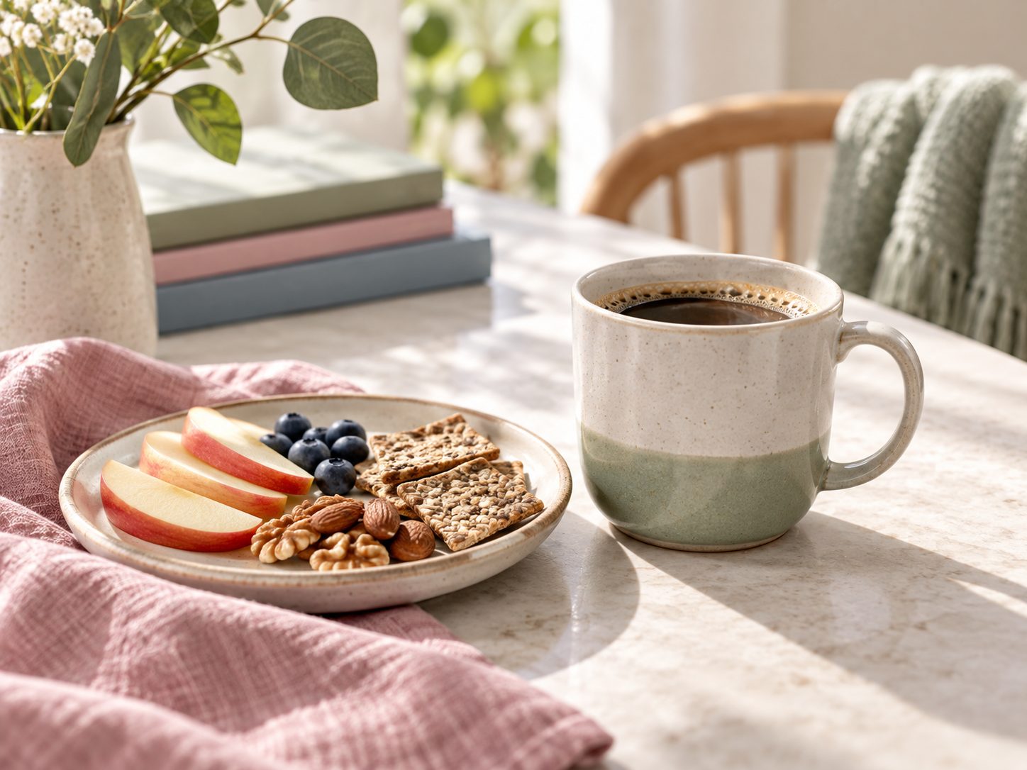 A cup of coffee and a small snack on a side table, a quiet moment to think about the signs an elderly parent needs help at home