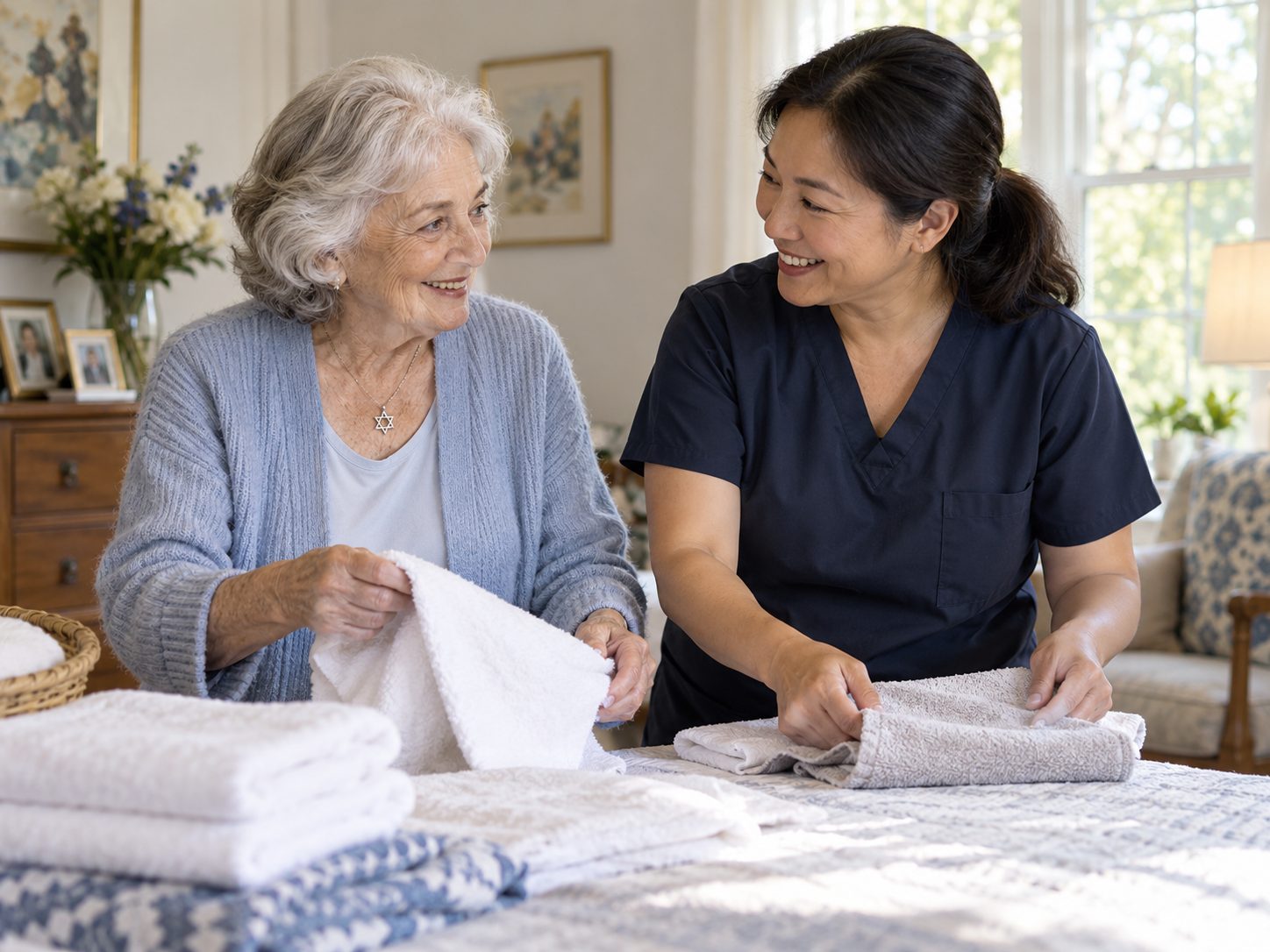 A caregiver folding laundry with a client at home, homemaker services in St. Louis