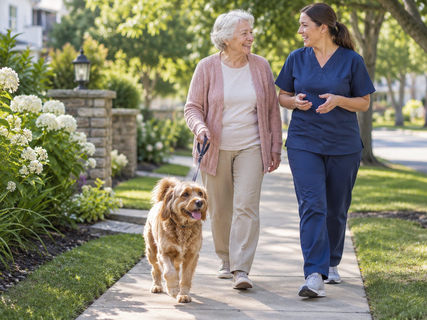A caregiver and client walking a dog together in a St. Louis neighborhood
