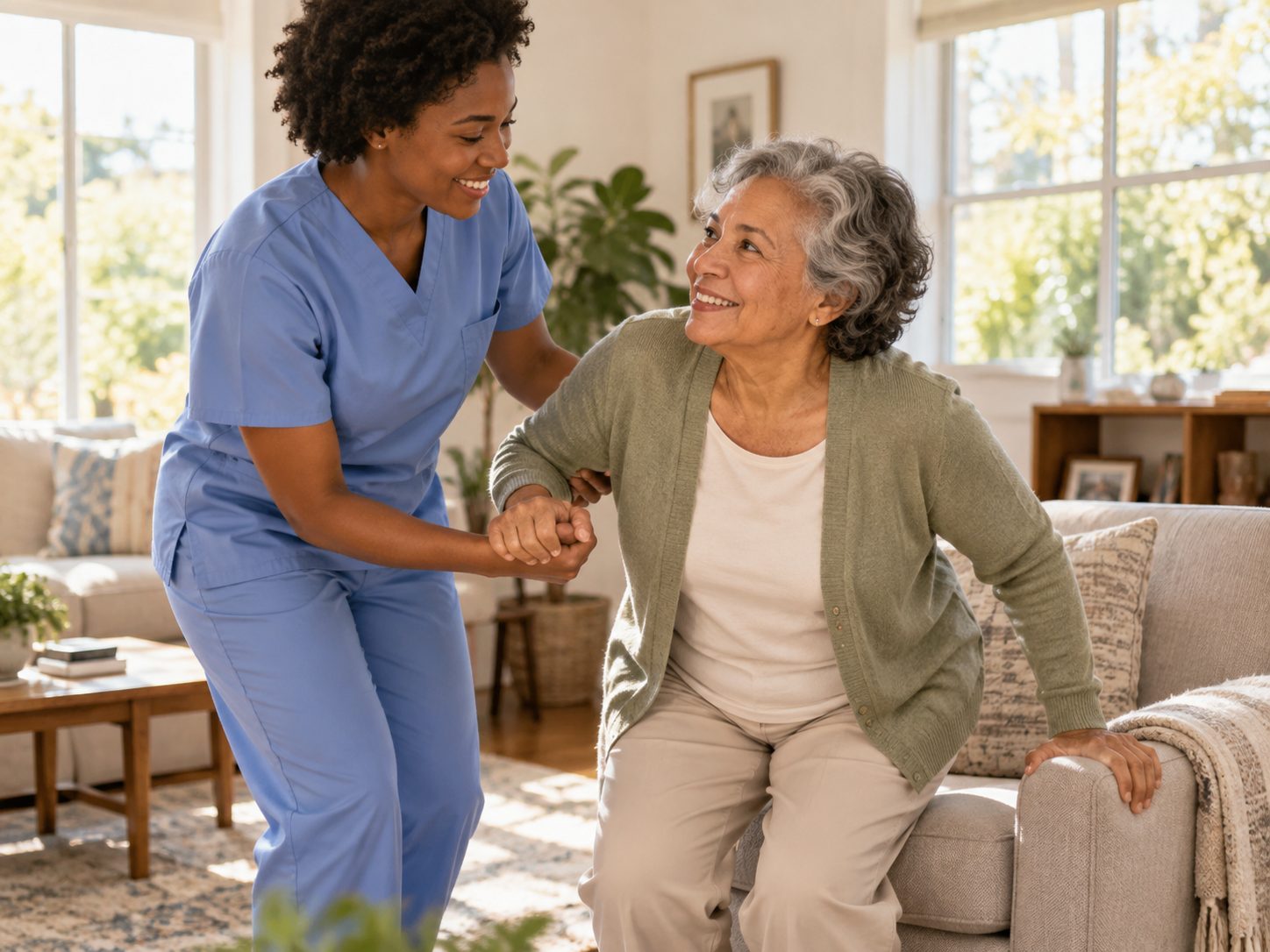A caregiver helping an older adult up from a chair at home, personal care and daily support in St. Louis