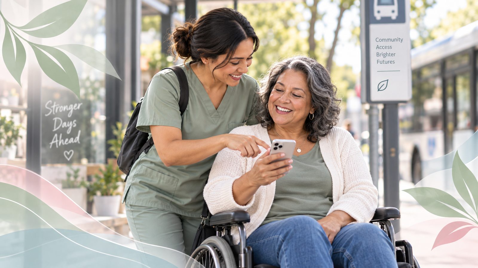 An adult with a disability out in the community with a support person, support for adults with disabilities in St. Louis