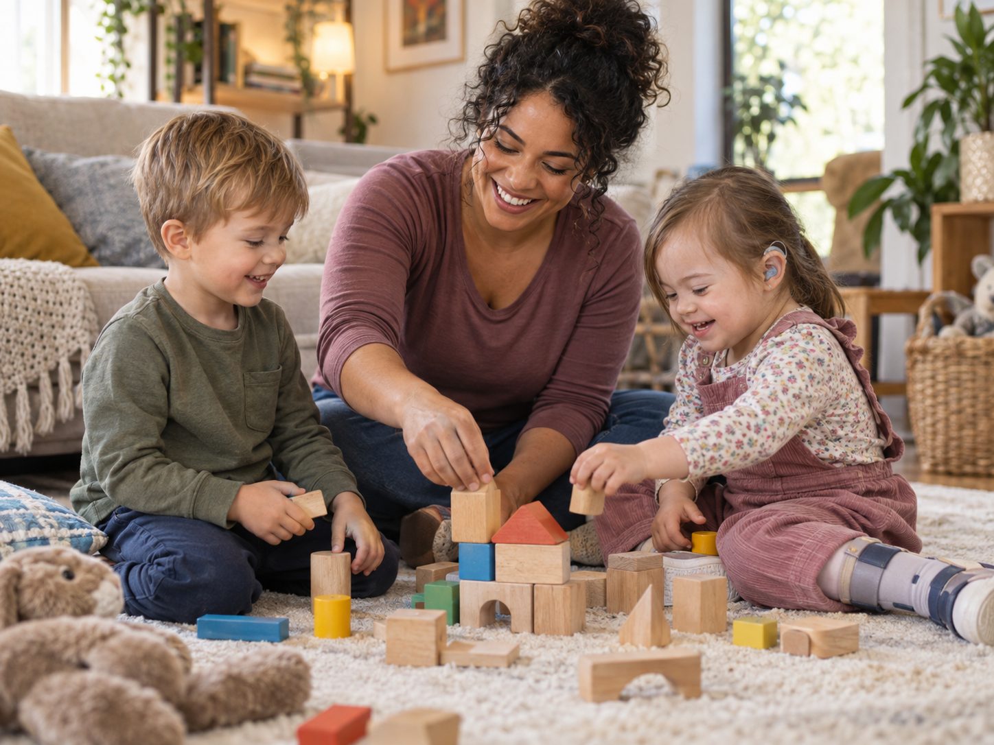 A caregiver doing a craft activity with children at a family kitchen table