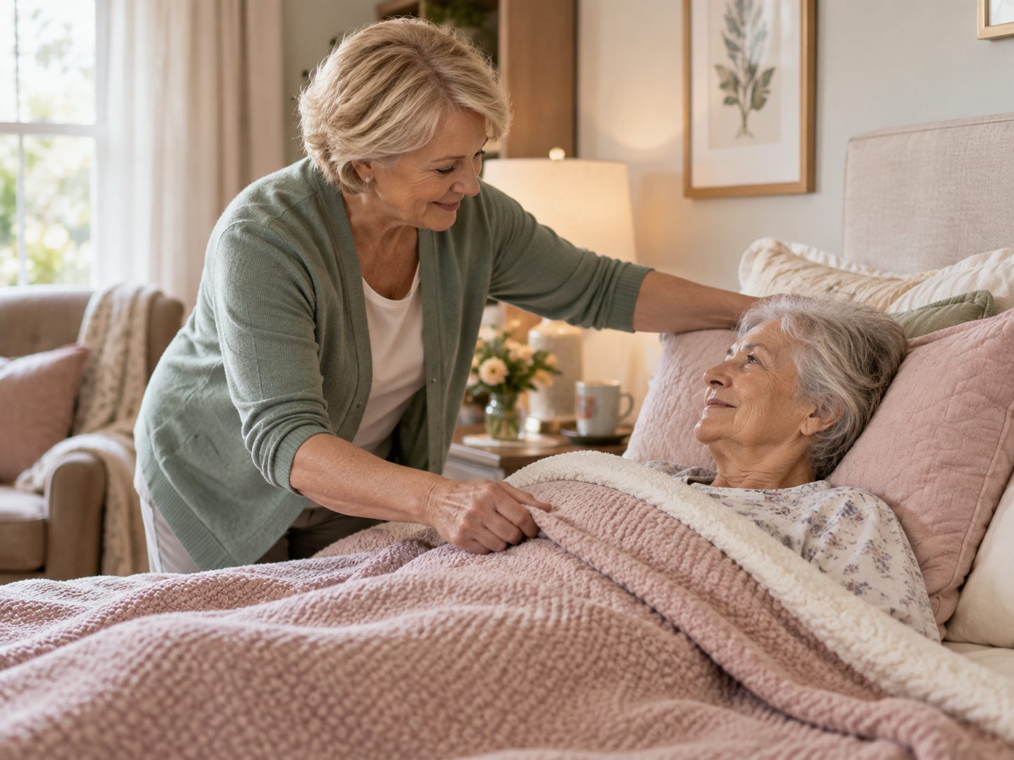 A caregiver keeping a client company at home while recovering after surgery, help after surgery at home in St. Louis